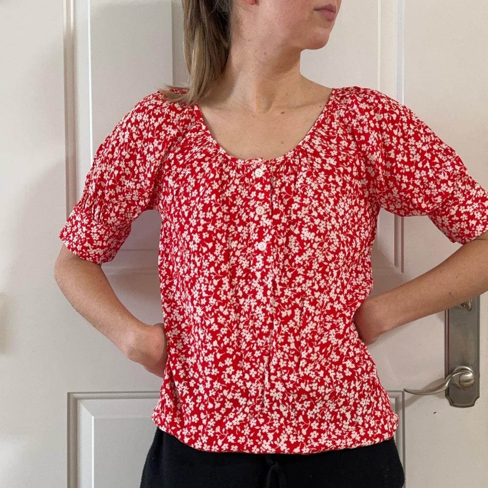 J Crew red and white floral top